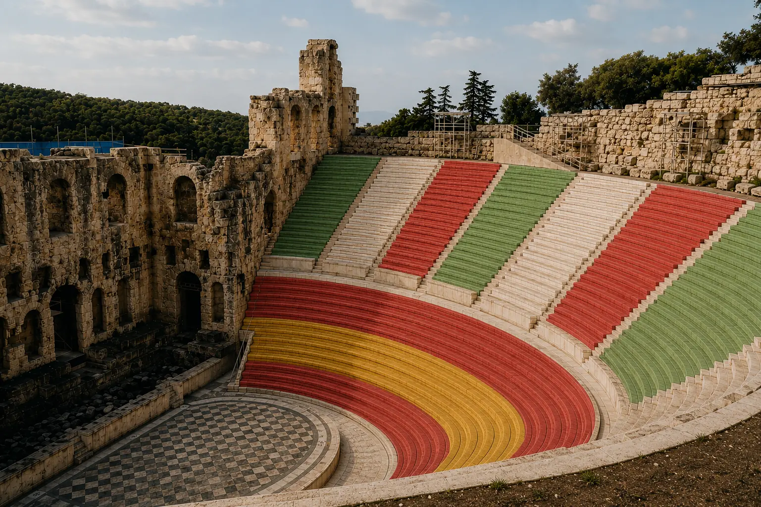 Teatro clásico con gradas de colores bajo luz mediterránea